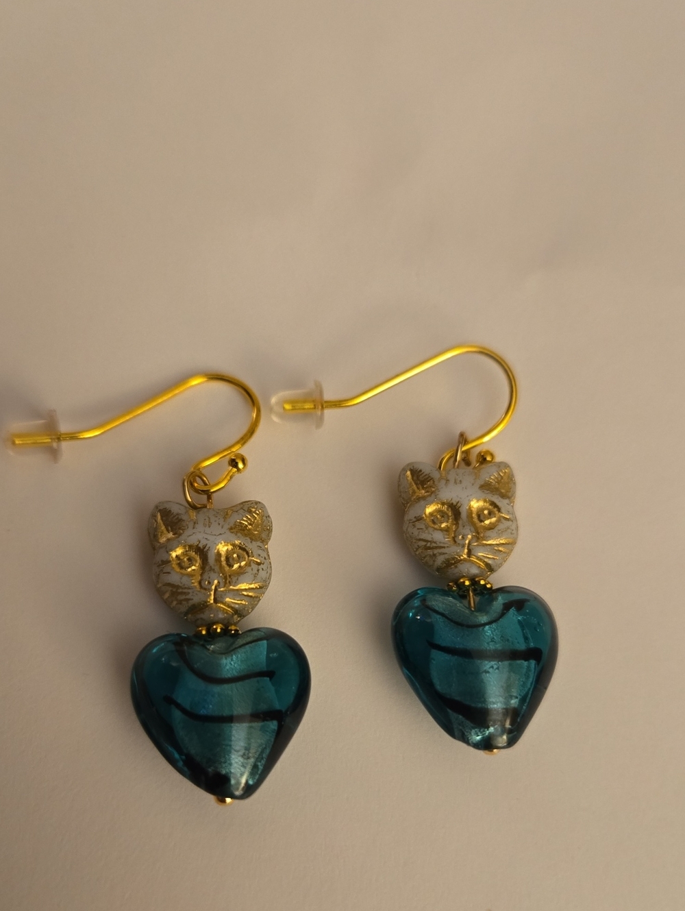 Gold Cat Head and Teal Heart Glass Drop Earrings